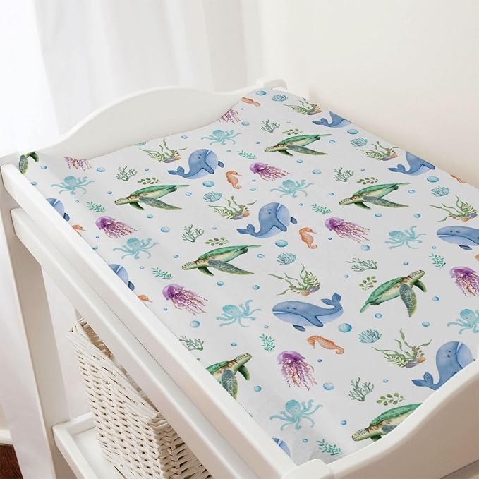 Colorful Sea Animals Changing Pad Cover Ocean Turtle Whale Jellyfish Sea Horse Weeds Sealife Diaper Change Table Pad Cover for Boys Girls Soft Stretch Fitted Changing Mat Sheets Cover 32''x16''