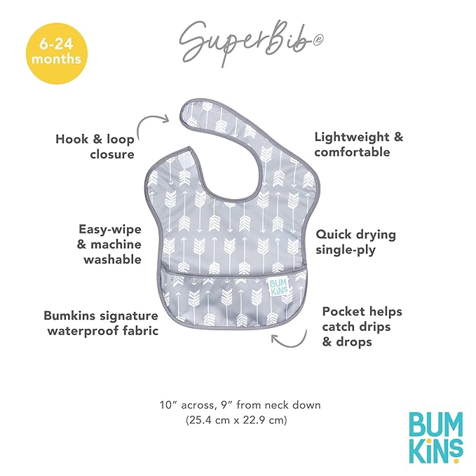 Bumkins Bibs for Girl or Boy, SuperBib Baby and Toddler for 6-24 Months, Essential Must Have for Eating, Feeding, Baby Led Weaning Supplies, Mess Saving Catch Food, Waterproof Soft Fabric, Gray Arrows