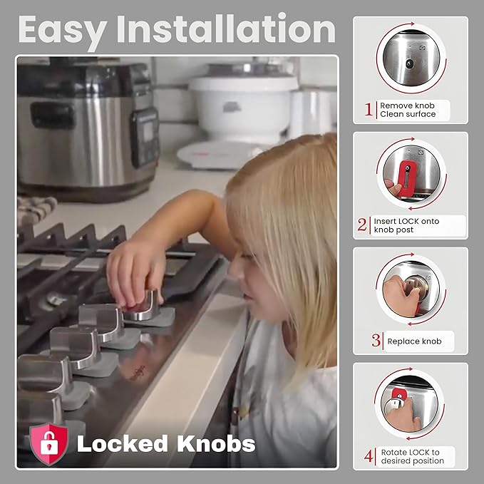 2025-26 Mom's Choice Winner- Gas Stove Knob Locks - Red Silicone Stove Knob Safety Covers for Toddlers, Pets - Child Proof Universal Size Knobs - Baby Proofing Protectors for Electric Stoves- 5Pcs
