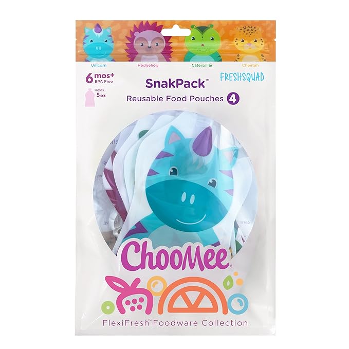 ChooMee SoftSip Baby Pouch Tops + SnakPack Reusable Food Pouches | Prevent Spills and Protect Child Mouth, Fill with Baby food, applesauce and other purees | 4 pk 5 oz + 4 SoftSip Swirl Colors