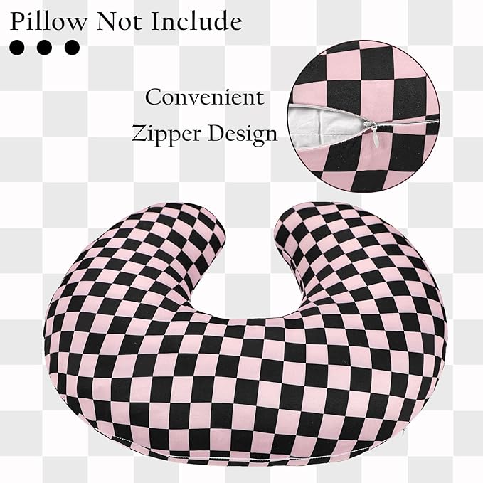 DILIMI Nursing Pillow Cover, Stretchy Removable Case for Breastfeeding Pillows, Ultra Soft Comfortable Slipcover for Baby Girl and Boy, Black Pink Checkered