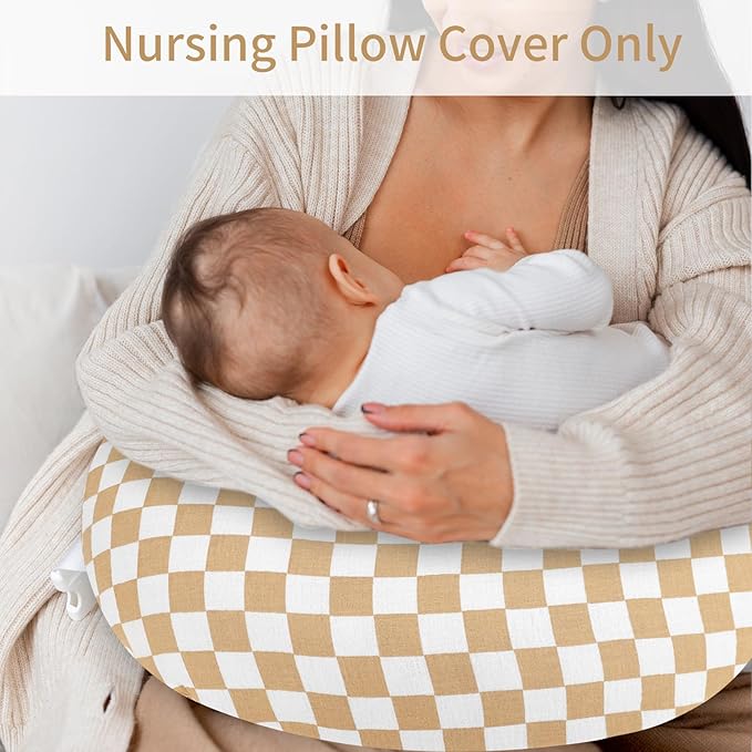 SWESEN Nursing Pillow Cover, Soft Removable Cover for Breastfeeding Pillows, Pillow Slipcover for Baby Boys and Girls, Comfortable & Breathable,Sand-Colored Plaid, Washable (Only Cover)