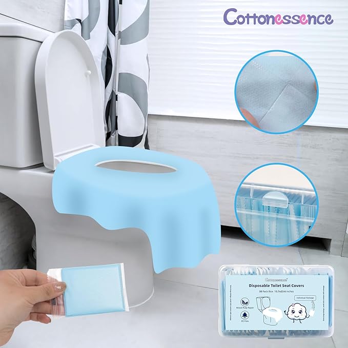 Cottonessence Disposable Toilet Seat Covers (30-Pack) – Waterproof, Individually Wrapped, Portable，Non-Slip Liners for Kids & Adults, Travel & Home Use