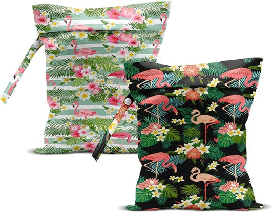 ZHAMEN 2Pcs Wet Bag, Wet Dry Bag Reusable with Zipper, Travel, Beach, Pool, Diapers, Baby Clothes, Dirty Yoga Gym Clothes, Makeup Bag, Waterproof Wetdry Packing, Flamingo Decor (12x10 Inch)