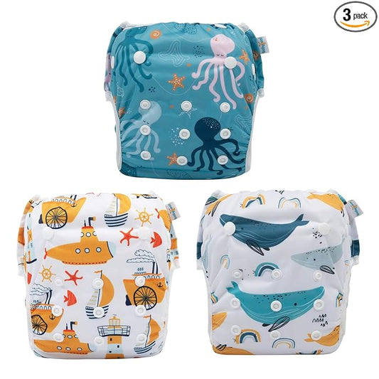 Babygoal Baby Swim Diapers 3 Pack for 0-8 Months Infant Girls and Boys, Reusable Adjustable Washable for Swimming Lessons-Shark & Octopus