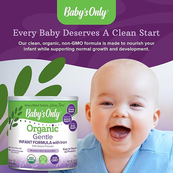 Baby's Only A2 Organic Milk Infant Formula, A2 Milk Based Powder, Organic Baby Formula with A2 Beta-Casein Protein, Iron, Vitamin E, Vitamin D, Easy to Digest, Newborn to 12 Months Old, 21 oz, 1 Pack
