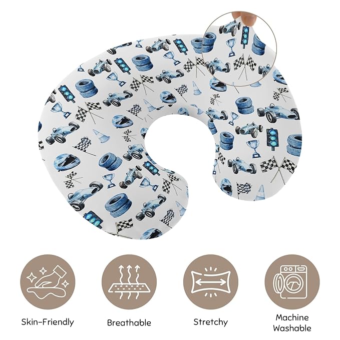 Cute Race Car Flag Nursing Pillow Cover Stretchy Removable for Baby Girls Boys Blue Races Vehicle Trophy Traffic Light Vehicles Pillow Slipcover for Breastfeeding Moms for Newborn Infant