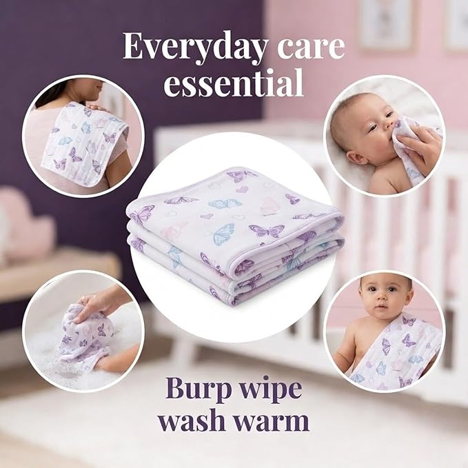 EVERYDAY KIDS 12 Pack Burp Cloths for Baby Girl; Newborn Essential with - Large Absorbent Cotton Flannel Purple/Pink Burping Cloths for Babies with Butterfly, Floral and Rainbow Prints and Solids
