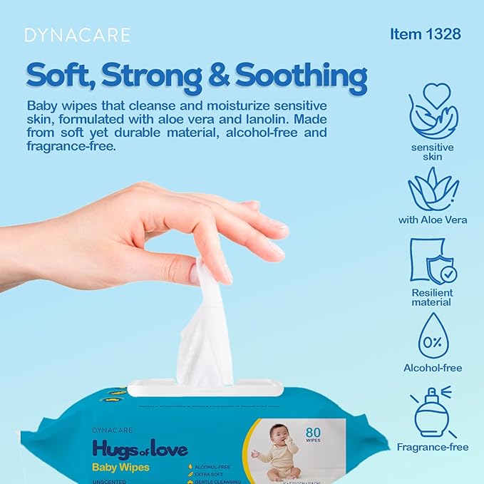 Dynarex Baby Wipes - Non-Alcohol Wipes for Babies with Lanolin & Aloe to Moisturize Skin - Soft Pack, Plastic Lid - Unscented - 5x7", 80 Wet Wipes per Pack, 24 per Case