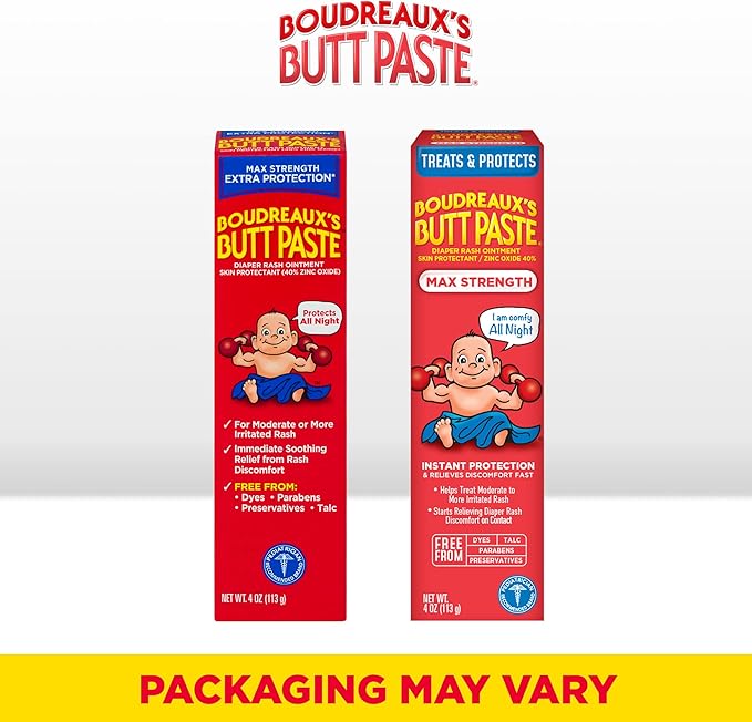 Boudreaux’s Butt Paste Diaper Rash Ointment, Baby Rash Cream Skin Protectant, Fast Relief for Diaper Rash, Soothing Barrier Cream, Maximum Strength, 4 Ounce Tube (Pack of 3)