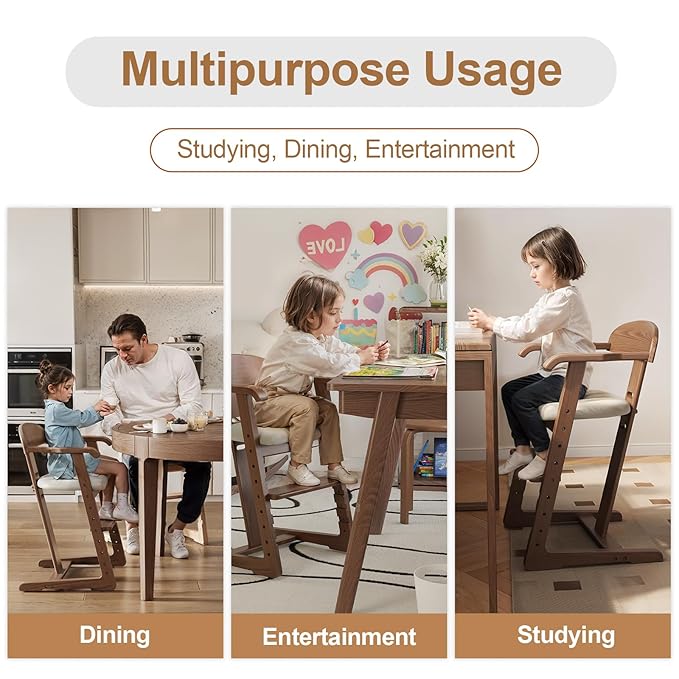 DOMGMUWUJEE Solid Wood Toddler Dining Chair - Adjustable Height Easy to Clean Toddler high Chair - Kids high Chair from 3 Years to 200 Lb, Grow with Child(Walnut)
