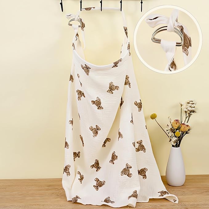 Muslin Nursing Cover for Baby Breastfeeding, Breathable 100% Cotton Privacy Nursing Covers, Multi Use Car Seat Stroller Cover (Bear)