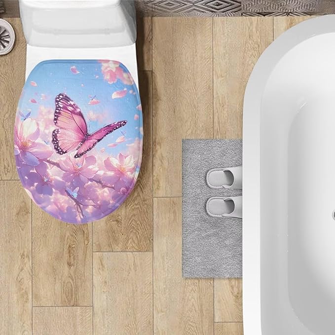 Pink Butterfly Toilet Lid Cover Protector Soft Flannel Fabric Toilet Cover Set Stretch Washable Protector Cover Suitable for Home School Hotel Dormitory Apartment