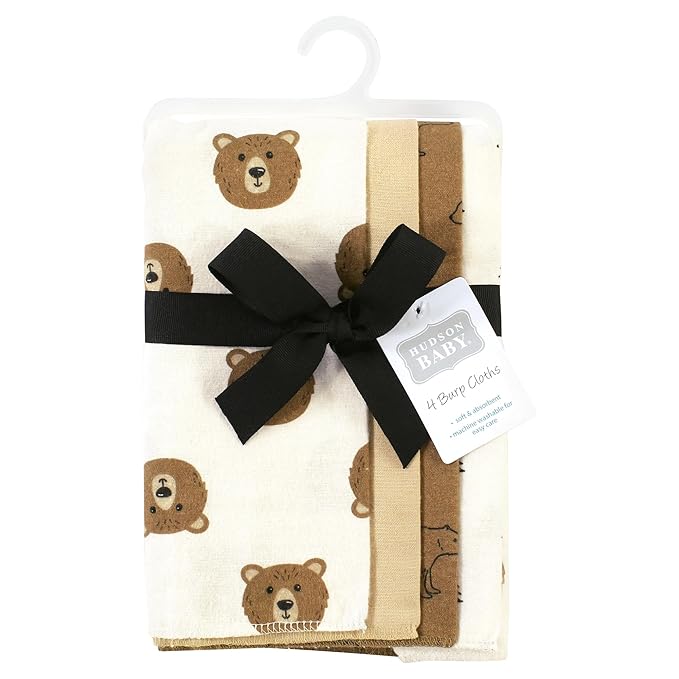 Hudson Baby Unisex Baby Cotton Flannel Burp Cloths, Brown Bear 4 Pack, One Size