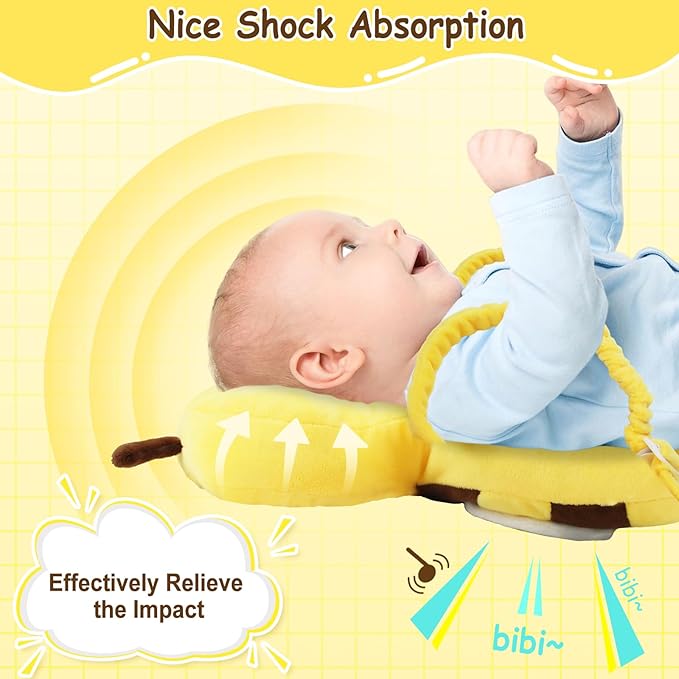 Baby Head Protector Backpack with Toddler Leash, Anti Lost Wrist Link, Adjustable Toddler Head Protection Backpack, 3 in 1 Cute Baby Fall Back Head Protector for Crawling Walking Gifts(Yellow Bee)