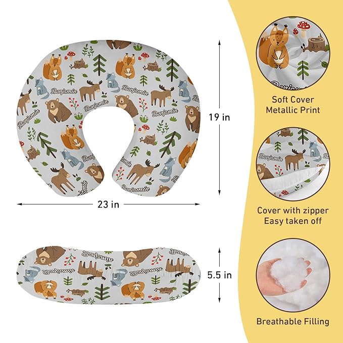 Baby Nursing Pillow Cover - Personalized Name Breastfeeding Pillow Cover with Fox Pattern, Stretchy Removable U-Shaped for New Moms, Soft Breathable Slipcover for Infant Boys Girls