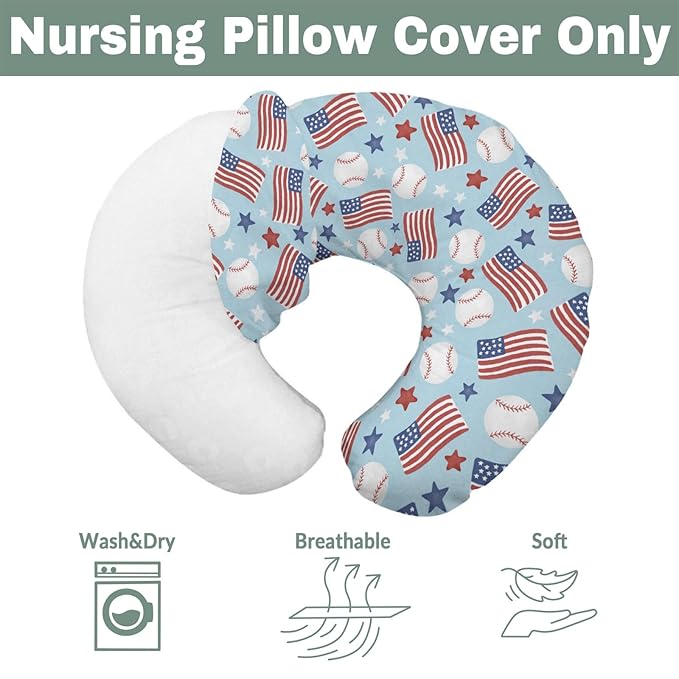 American Flag Baseball Baby Nursing Pillow Covers for Boy Girl 4th of July Baseballs Stars Nursery Pillowcase for Breastfeeding Pillows Patriotic Sports Soft Stretchy Slipcovers for Newborn Infant