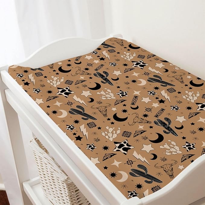 Vintage Western Cowboy Baby Changing Pad Covers Retro Cow Skull Cactus Sun Moon Stars Diaper Change Table Sheets for Girl Boy Wild Plants Soft Breathable Stretch Diaper Changing Pad Mats 32''x16''