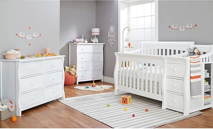 Sorelle Furniture Princeton Elite Crib and Changer Classic -in- Convertible Diaper Changing Table Made of Pine Wood Non-Toxic Finish Wooden Baby Bed Toddler Childs Daybed Full-Size Nursery - White