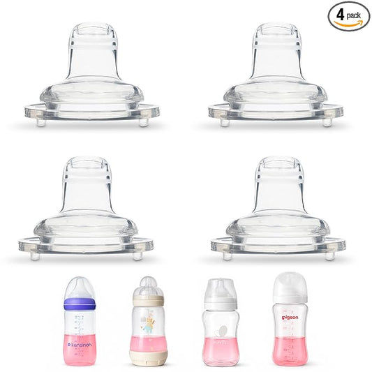 Sippy Spout Nipples for Lansinoh, MAM, Evenflo and Pigeon Wide Neck Baby Bottles, 4-Count, Soft Spout, Food Grade Silicone, BPA-Free, Variable Flow, Spill-Proof, Converts Bottle to Sippy Cup 4+ months
