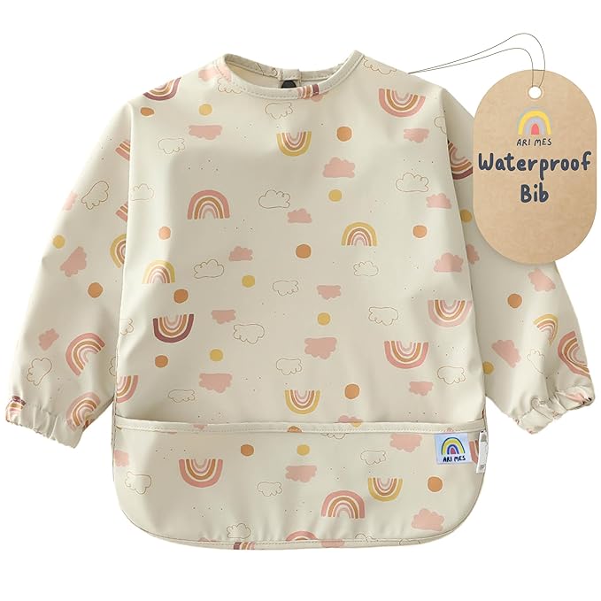 ARI MES Waterproof Long Sleeve Baby Bib for Eating-Rainbow Pattern, Small-Toddler Smock with Catch-All Pocket, BPA Free, Machine Washable, Wearable Feeding Bib for Boys & Girls 6-72 Months