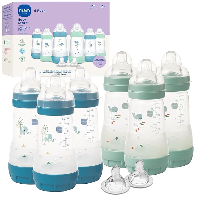 MAM 9oz Easy Start Anti-Colic Baby Bottles, Medium Flow with 2 Bonus Nipples Set (Fast & Extra Fast Flow), Reduces Colic, Gas, & Reflux, Easy-to-Clean, BPA-Free, 2+ Months, Made in Europe Pack of 6