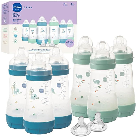 MAM 9oz Easy Start Anti-Colic Baby Bottles, Medium Flow with 2 Bonus Nipples Set (Fast & Extra Fast Flow), Reduces Colic, Gas, & Reflux, Easy-to-Clean, BPA-Free, 2+ Months, Made in Europe Pack of 6