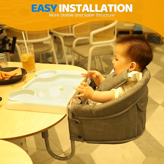 Orzbow Hook On High Chair with Removable Dining Tray, Folding Portable High Chair with Storage Bags, Baby Table Booster Seat, Easy Clip on Table Feeding HighChair for Travel, Restaurant and Home, Grey