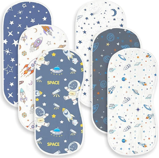 6 Pack Baby Burp Cloths for Boys Girls, Soft Cotton, Space Rocket Theme Design, Super Absorbent Baby Burping Cloths for Newborns, Machine Washable and Reusable Baby Spit-Up Cloths