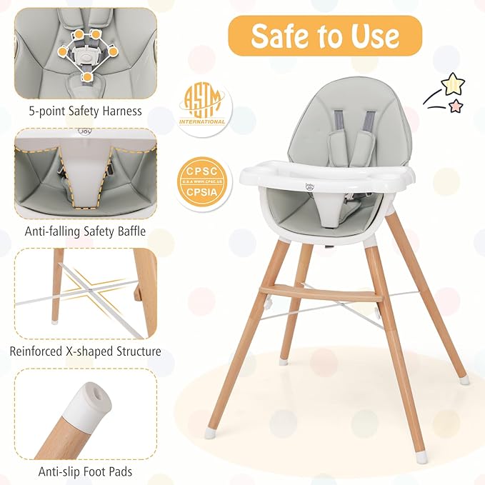 BABY JOY Baby High Chair, Wooden High Chair for Babies & Toddlers with Dishwasher Safe Double Removable Tray, Infant Feeding Chair with 5-Point Safety Harness & Detachable PU Seat Cushion (Gray)