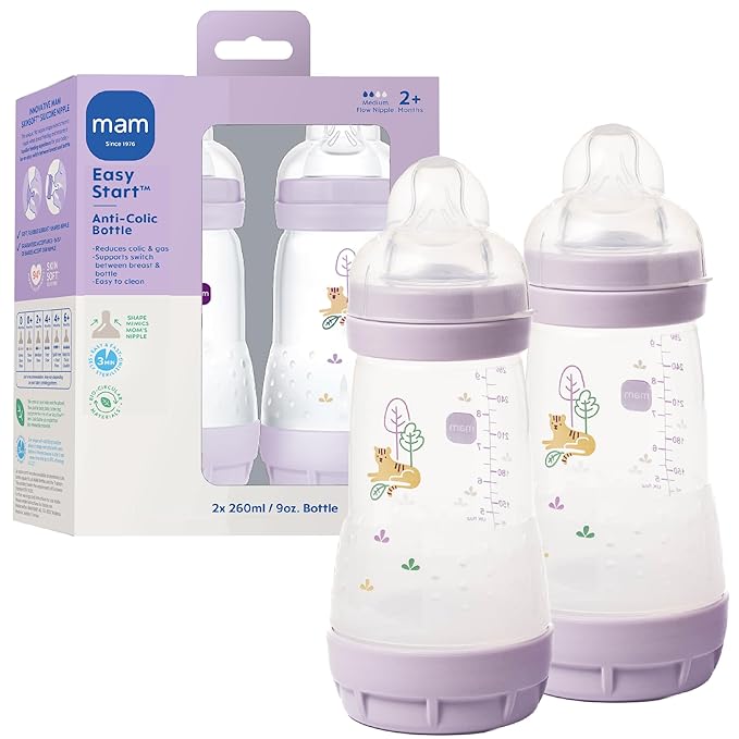 MAM 9oz Easy Start Anti-Colic Wide Neck Vented Baby Bottle, Medium Flow Breastfeeding-Like Nipple, Reduces Colic Gas & Reflux, Easy to Clean, BPA Free, 2+ Months, Made in Europe, 2 Pack, Unisex