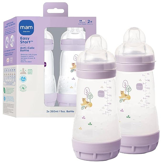 MAM 9oz Easy Start Anti-Colic Wide Neck Vented Baby Bottle, Medium Flow Breastfeeding-Like Nipple, Reduces Colic Gas & Reflux, Easy to Clean, BPA Free, 2+ Months, Made in Europe, 2 Pack, Unisex