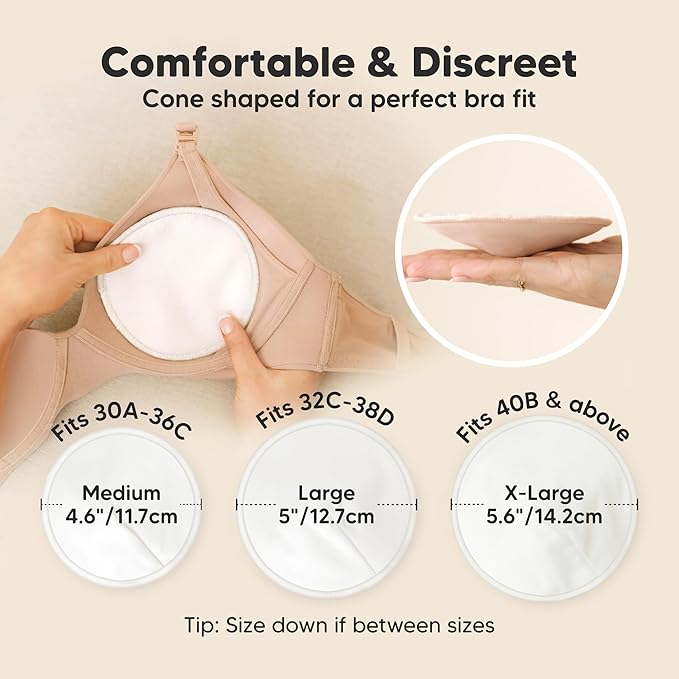 Organic Nursing Pads - 14 Washable Breast Pads for Breastfeeding, Wash Bag, Viscose Derived from Bamboo Reusable Nipple Covers for Breastfeeding Essentials, Soft & Absorbent (Soft White, M 4.6")