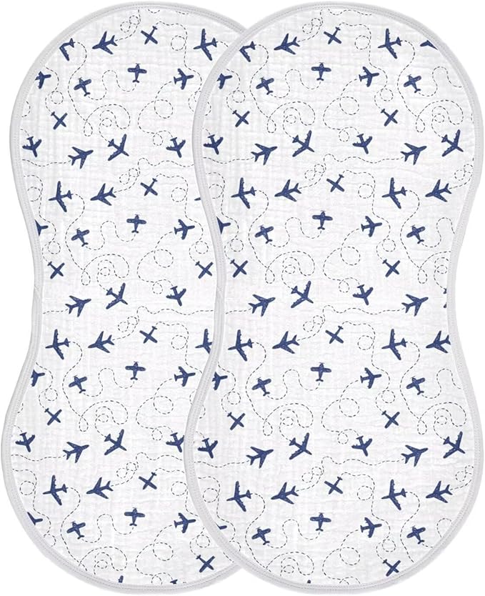 Baby Muslin Burp Cloths Set of 2 Blue Airplanes Muslin Washcloths Air Plane Transportation Sky White Milk Spit Up Rags Newborn Towel Burp Cloth Bib for Unisex Boys and Girls, 22 x 11 Inch