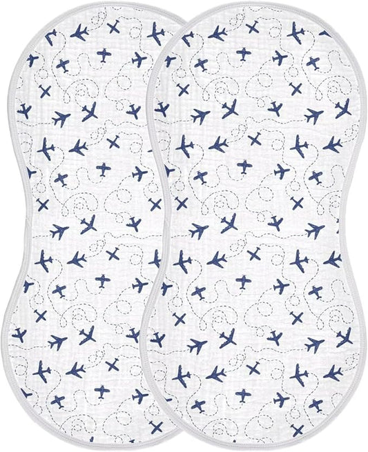 Baby Muslin Burp Cloths Set of 2 Blue Airplanes Muslin Washcloths Air Plane Transportation Sky White Milk Spit Up Rags Newborn Towel Burp Cloth Bib for Unisex Boys and Girls, 22 x 11 Inch