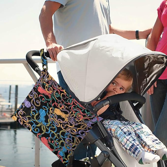 visesunny Colorful Octopus Animal Black Pattern 2Pcs Wet Bag with Zippered Pockets Washable Reusable Roomy for Travel,Beach,Pool,Daycare,Stroller,Diapers,Dirty Gym Clothes, Wet Swimsuits, Toiletries