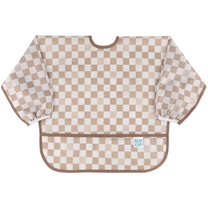 Bumkins Sleeved Bib for Girl or Boy, Baby and Toddler for 6-24 Mos, Essential Must Have for Eating, Feeding, Baby Led Weaning Supplies, Long Sleeve Mess Saving Food Catcher, Soft Fabric, Beige Check