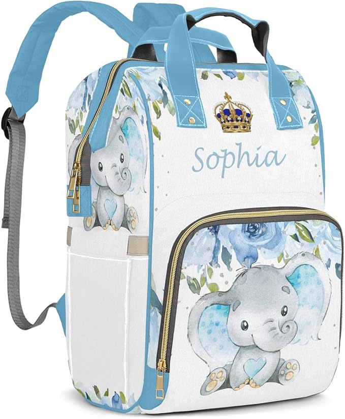 Watercolor Flower Elephant Cute Diaper Bag Baby Nappy Bag Daughter Multi-Function Custom Baby Bag Picnic Diaper Carrying Bag Unisex Gifts with Name