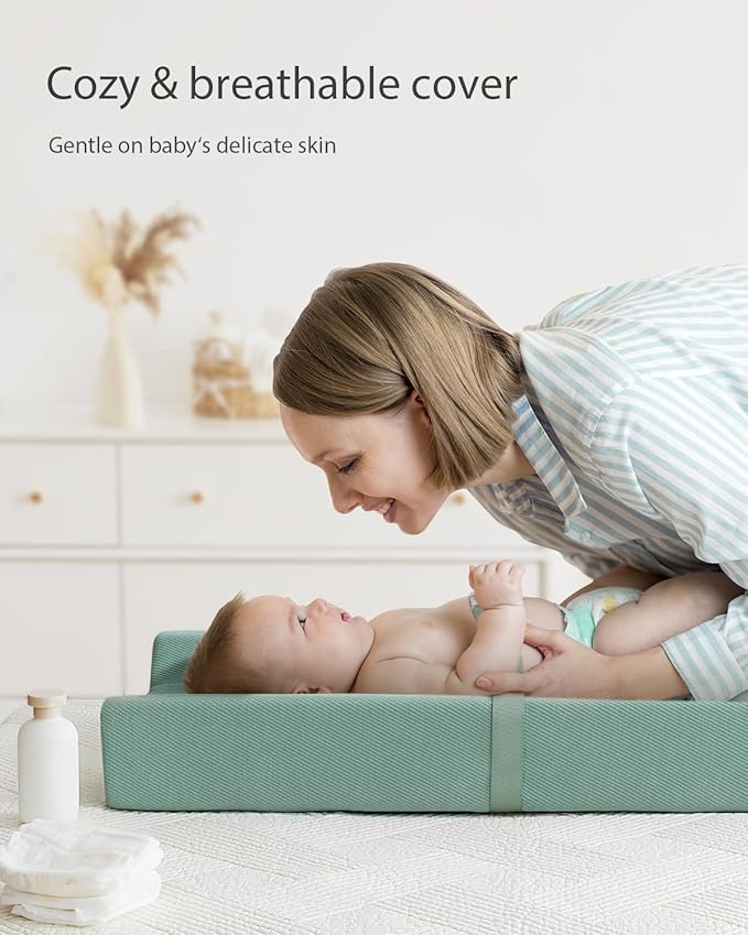 Blissful Diary Contoured Baby Changing Pad with Removable & Washable Cozy Cover, Baby Changing Table Pads with Waterproof Lining Foam and Non-Slip Bottom, Sage Green