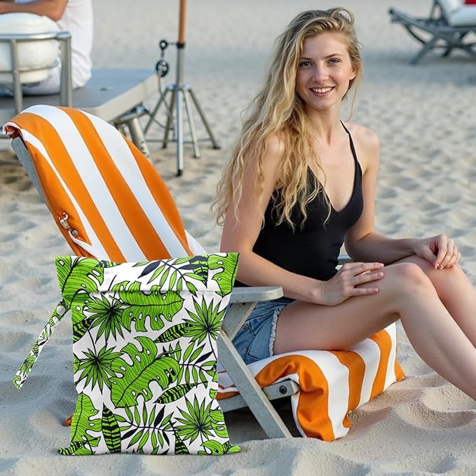 Wet Dry Bag for Swimsuit and Towels for Swimsuit Travel Beach Pool Diapers Dirty Yoga Gym Clothes Hook to Stroller Makeup Bag Waterproof Tropical Palm Leaves Decor