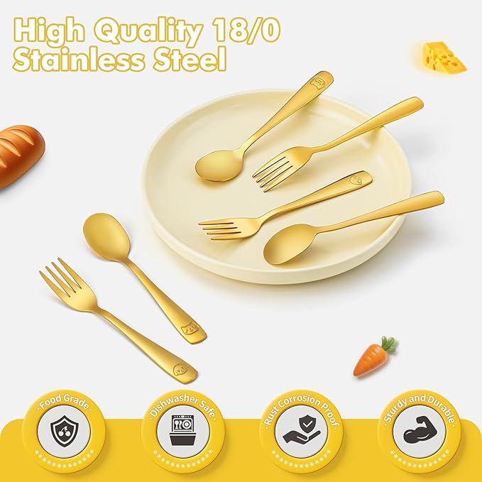 DRKIO Stainless Steel Toddler Utensils Set - 6 Pieces Kids Silverware Set Children Safe Food Grade Small Forks and Spoons Dishwasher Safe Mirror Polished
