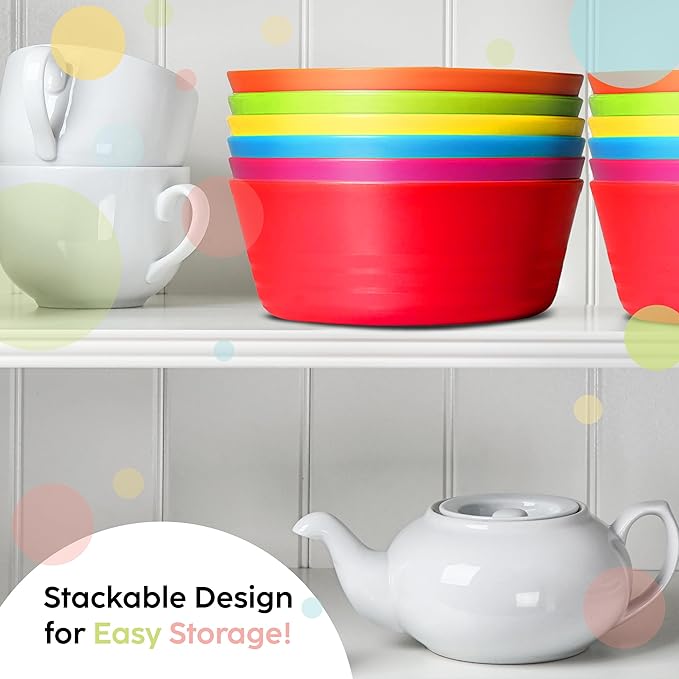 PLASKIDY Plastic Toddler Bowls Set of 6 - 10 Oz Kids Bowls, Microwave & Dishwasher Safe, BPA Free, Brightly Colored, Great for Cereal, Soup, Snack, Fruit or Salad