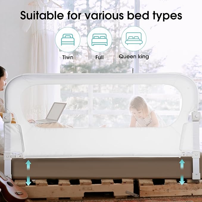 NUTIKAS Baby Bed Rail Guard for Toddlers -59" Toddler Bed Rails for Twin, Full, Queen, King Bunk Size Bed Swing Down Bedrail Extral Tall Child Safety Side Railing Guards for Kids White
