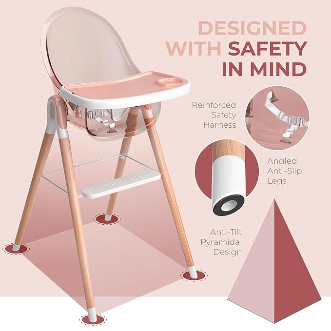 Classic Non-Reclinable 6 in 1 Baby High Chair for Babies and Toddlers, Modern Safe & Compact wooden Highchair, Easy to Clean, Removable Tray, Easy to Assemble