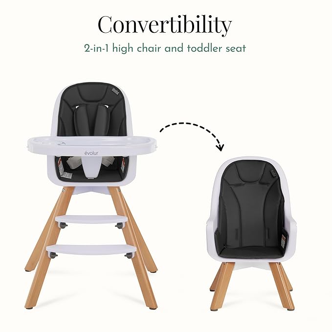 Evolur Zoodle 2-in-1 High Chair for Baby & Toddler – Convertible High Chair to Toddler Chair, Padded Seat, 5-Point Safety Harness, Dual Dishwasher-Safe Trays, Solid Beechwood Legs – Black