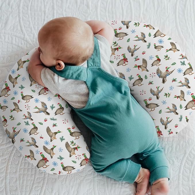 Christmas Mallard Ducks Baby Nursing Pillow Covers for Boy Girl Winter Green Ducks Fir Leaves Snowflakes Nursing Pillowcase for Breastfeeding Pillows Hunting Ducks Soft Stretchy Slipcovers for Newborn
