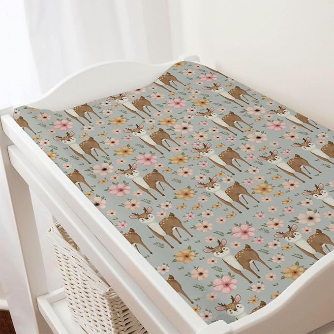 Cute Deer Boho Retro Floral Changing Pad Covers Cartoon Deer Diaper Change Table Pad Cover Sheets for Boys Girls Ultra Soft Breathable Stretch Changing Mat Sheets Cover 32''x16''