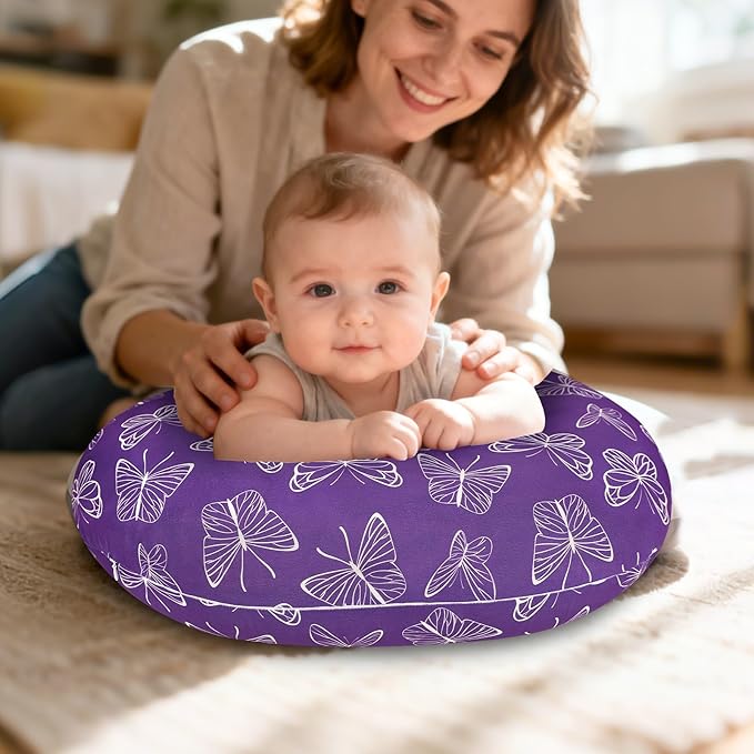 Nursing Pillow Cover, Breastfeeding Pillow Cover for Baby Girls Boys, Soft Stretchy Nursing Pillowcase for Infant Newborn, Removable Slipcover for Nursing Pillows, Purple Butterfly(Only Cover)