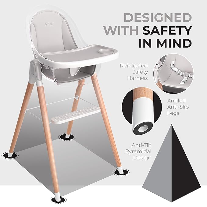 6 in 1 Deluxe Wooden High Chair for Babies & Toddlers, Modern Safe & Compact Baby Highchair, Easy to Clean & Assemble Removable Tray & Cushion, 6 Options 3 Seat Positions 2 Heights