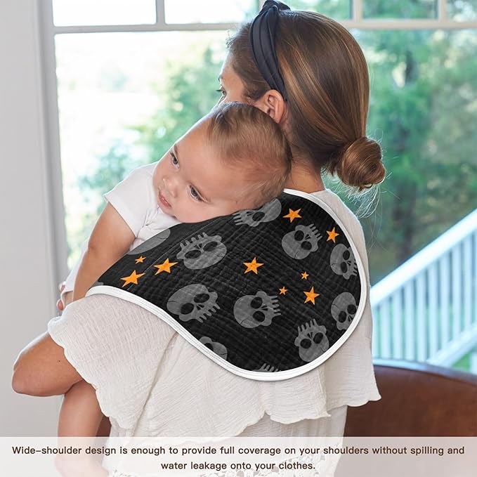 Halloween Skull Muslin Burp Cloths for Baby Boys and Girls - 2-Pack Ultra Absorbent Muslin Washcloths, Newborn Towel, Milk Spit Up Rags, Burp Cloth Bibs for Unisex, 22 x 11 Inch